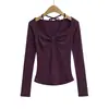 Estilo Puro Deseo Sexy de Cuello Halter con Cordones Plisado Manga Larga Camiseta Nueva Llegada de Primavera Ajustada Adelgazante Top Corto Básico para Mujer