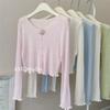 Cardigan de Tricô Ice Silk Rosa Estilo Francês 2026 com Proteção Solar, Bordas Franzidas, Casaco Xale Outerwear Fino Novo Estilo Chinês