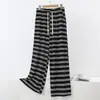 Novo modelo primavera e verão calça de pijama reta listrada de modal para mulheres, folgada plus size de cintura alta com bolso casual de perna larga