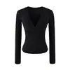 Top básico de manga larga para mujer, escote en V profundo, corte bajo, ajuste ceñido, colección de otoño, adelgazante, ajustado, camiseta sexy