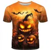 Camiseta nova masculina de manga curta europeia e americana transfronteiriça com estampa 3D de abóbora de Halloween no jardim, uma camiseta fashion