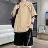 2025 Novo Terno de Manga Curta Masculino Verão Manga Curta Camiseta Solta Tamanho Grande Casual Esportivo Conjunto Completo de Roupas