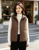 Colete de algodão com capuz e padrão de losangos para mulheres, outono e inverno, à prova de frio, quente, sem mangas, peça externa casual, colete quente