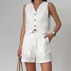 Chaleco Casual de Algodón y Lino Blanco con Cuello en V Sin Mangas Traje Casual Moda de Verano Europea y Americana Conjunto de Dos Piezas Transfronterizo para Mujer