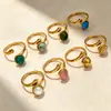 Anillo abierto de acero inoxidable transfronterizo, diseño vintage con turquesa, acero de titanio chapado en oro de 18K, anillo para mujer al por mayor