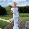 Traje de Vestido de Moda Sexy de Verano Nuevo Transfronterizo Europeo y Americano de Dos Piezas con Top de Malla de un Hombro Plisado y Falda Larga