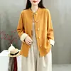 Chaqueta Cardigan Simple de Estilo Étnico Retro con Botones de Contraste de Color en Algodón y Lino Inspirada en el Zen para Mujer, Atuendo de Té de Estilo Nacional Chino, Camisa de Corte Holgado