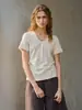 26 Camisa Base de Tricô de Algodão e Linho Outonal de Manga Longa com Gola U e Design de Barra Enrolada, Peça Interna de Linho Estilo Old Money Top Feminino