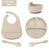 Juego de 5 piezas de juegos de vajilla para niños, platos de cena de silicona integrados, baberos para bebé, tazones para comida, cucharas y tenedores, vajilla para alimentación materna e infantil