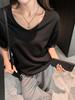 Selecione Rigorosamente Novo de Verão Preto Decote V Nicho Ombro Largo Solto Manga Curta Camiseta Feminina Estilo Preguiçoso Top Elegante de Alto Nível