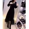 66908 Da Ai Mei Yi Yuan 2026 Primavera Cedo Novo Vestido Decote V Preto Costura Moda Emagrecedor Vestido Longo para Mulheres