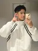 Jaqueta Listrada de Cor Contrastante com Gola Alta Masculina Primavera Retro Americano Cardigã Moletom Adolescente Jaqueta Esportiva Solta Casual
