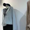Sudadera con capucha de felpa suave para uso diario para mujer, gris azulado claro, corte ajustado, estilo casual holgado, con cremallera, chaqueta corta fina de felpa