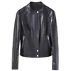 Jaqueta de Couro Haining com Gola Alta de Pele de Ovelha para Mulheres, Curta Slim Fit Simples de Botão Único Jaqueta Biker, Casaco de Couro Genuíno Feminino