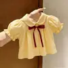 Linda Camisa Amarilla con Cuello de Muñeca y Mangas Abullonadas para Mujer, Top de Verano Estilo Coreano Elegante con Lazo