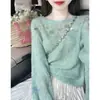 "3.16/Colección Nueva de Primavera" Xuan Xiao Jie Verde Dopamina Calado Suéter de Punto con Lentejuelas Pesadas