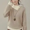 Diseño estilo coreano, bloques de color, cuello alto, corte holgado, suéter de punto con cuello camisero, nuevo estilo otoño e invierno, suéter de punto para mujer abotonado, maduro y elegante