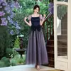 Vestido de Noche con Lazo Grande para Mujer, Cuadrado Morado, Mangas Abullonadas, Panel de Malla, Elegante Vestido Largo Adelgazante para Banquetes