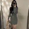 Vestido de estilo coreano para mujer con cuello semi-alto plisado y manga abullonada, diseño de otoño, para llevar debajo, entallado en la cintura, falda corta que se ajusta a la cadera, transfronterizo