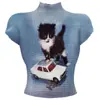 Top de Verão Feminino Novo Retro Europeu e Americano Ins com Gola Alta Estampa Waffle Camiseta de Manga Curta com Peixe Koi Oriental Atacado