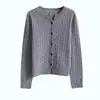Cardigan Retrô de Lã 100% Pura com Tranças, Gola Redonda, para Mulheres, Fechamento em Botão Único, Manga Longa, Design Texturizado, Peça Externa