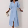 Vestido Longo Plissado Elegante Cruzado Feminino Cintura Marcada Decote V Manga Bufante Camisa Vestido Francês de Botão Único