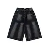 Calça Cropped Jeans Lavado com Fivela Paris Estilo Retrô Americano e Textura de Bambu para Homens e Mulheres, Shorts Acima do Joelho Design Verão 2026