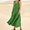 Estación Independiente de Amazon Verano Europeo y Americano Comercio Exterior 19 Colores Bolsillo Sin Mangas Cuello Redondo Vestido de Algodón y Lino para Mujer en stock
