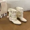 Botas de tornozelo com salto grosso estilo retrô para mulheres, nova moda outono 2026, fivelas de cinto estilo cavaleiro, com rebites, tendência, afuniladas, com salto empilhado