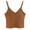 Nova Camisola Feminina de Algodão Canelado com Decote em V para Primavera/Verão, com Bojos Embutidos, Alças Ajustáveis e Barriga Exposta