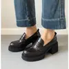 Versão em couro bovino~Sapatos de couro de sola grossa tamanho pequeno para mulheres, salto grosso, plataforma impermeável, salto alto, estilo britânico, mocassins retrô