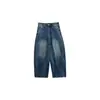 Calça Jeans Vintage Yuyi Azul Escuro com Barra Curva para Mulheres, Outono Cintura Alta Lavada Desgastada Solta Wide Leg CXY3861
