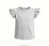 Camiseta infantil de manga curta com babados, novo estilo de verão, blusa infantil de gola redonda com manga tipo asa de borboleta, camiseta básica lisa para bebê, roupas infantis