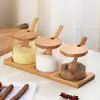 Juego de Frascos Cuadrados de Vidrio para Especias Caja de Almacenamiento para Condimentos Bandeja de Madera de Bambú Frasco para Especias