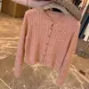 Estilo suave estilo coreano rosa vazado de malha com mangas compridas cardigã feminino início do outono único bonito casaco curto estilo absolutamente deslumbrante suéter
