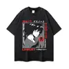 Camiseta con estampado de anime desgastado con diseño de personaje de dibujos animados, estilo high-street, hombros caídos, unisex, lavado vintage, manga corta de moda