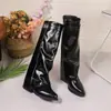 Punta fina tacón grueso elegante color liso simple comercio exterior talla grande nueva moda hebilla metálica versátil botas de caña alta de tacón alto europeas y americanas