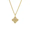 Collar de Cadena Hip-Hop de Tendencia Personalizado para Hombres y Mujeres, Colgante de Flor de Cuatro Hojas Ins Verde con Circonita, Galvanizado en Oro Real, Europeo y Americano