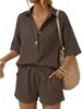 Conjunto de Dos Piezas Casual para Mujer, Estilo Europeo y Americano, Algodón Arrugado, Cuello Solapa, Media Botonadura, Manga Corta, Pantalones Cortos Sueltos de Cintura Alta con Cordón
