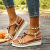 Comercio exterior, transfronterizo, talla grande, de una tira, sandalias de tacón de cuña, estilo bohemio de verano, de punta redonda, sandalias de tacón alto de suela gruesa para mujer