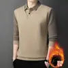 Férias de Outono e Inverno Conjunto de Duas Peças Veludo Espessado Elegante Camisas Polo Masculinas para Meia-Idade e Idosos Suéteres Quentes Suéteres Masculinos com Gola