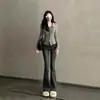 Jeans Acampanados Negros Ajustados para Mujer Otoño e Invierno 2025 Nuevos Pantalones Bootcut Gruesos de Tiro Alto para Mujer Petite con Forro de Felpa