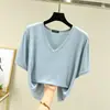 Camiseta feminina de manga curta em modal, novo estilo de verão, plus size, gola V, modelagem solta, afina a silhueta, cor sólida, top estilo coreano