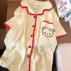 Pijama de Encaje con Rayas Amarillas y Osito para Mujer Verano Encaje Manga Corta Pantalón Corto Conjunto de Dos Piezas Se Puede Usar Fuera de Casa Ropa para el Hogar