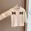 Estilo Outono e Primavera Lado Duplo Fleece Outono e Inverno Estilo Coreano Laço 3D Gola Meia-Alta Camisa Base Macia Confortável Justa Fofa