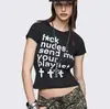 Estilo Chica Caliente del Milenio Y2K Top Corto Negro de Manga Corta y Cuello Redondo Estampado de Letras Camiseta de Mujer High Street