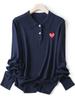 Suéter de Lã Elegante Francês e Rejuvenescedor com Gola Polo e Coração Bordado, Suéter de Tricô Fino de Manga Longa para Primavera e Outono Feminino 129