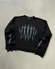 Design de Top Retrô Escuro Estilo Ins, Camiseta de Manga Longa com Gola Redonda, Unissex, com Decoração de Rebites Metálicos, Falso Duas Peças