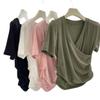 Pure Desire Style Cross V-Neck Design Camiseta de manga curta Cintura plissada Slim-Fit Short Slim-fit Ins Top da moda