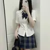 Uniforme JK Original de Verano Cintura Camisa Blanca Manga Corta Sexy Estilo Preppy para Mujer Traje de Falda Cuadros Corta Perro Otoño
